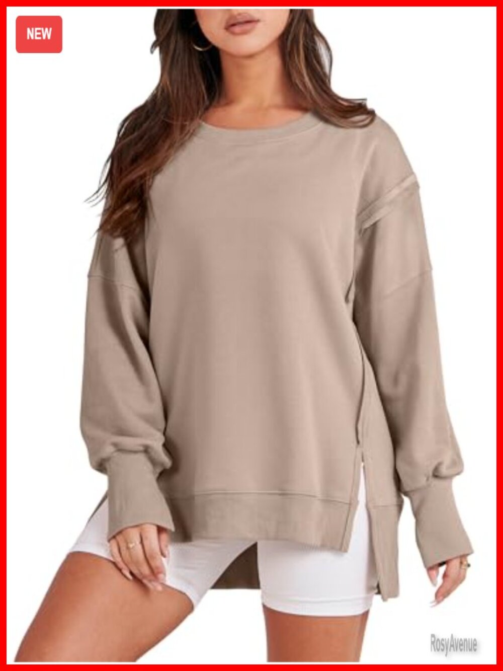 Womens Oversized Crew Neck Sweatshirt Long Sleeve Side Slit Pullover